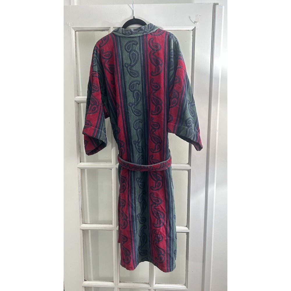 Vintage Turkish Cotton Blend Robe Knightsbridge OS Burgundy Green Paisley Belted - Picture 2 of 16